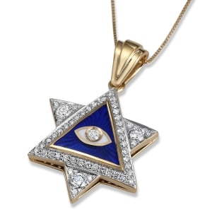14K Yellow Gold Star of David & Evil Eye Diamond Pendant with Blue and White Enamel - Large