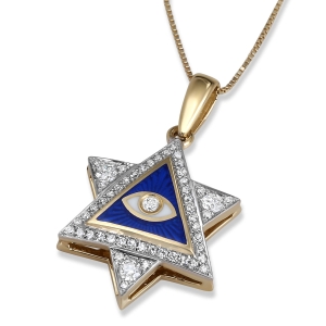 14K Yellow Gold Star of David & Evil Eye Diamond Pendant with Blue and White Enamel - Medium
