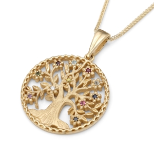 Round 14K Yellow Gold Tree of Life Pendant Necklace With Colorful Gemstones