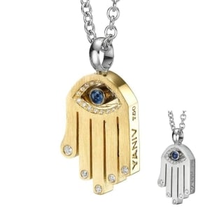 18K Gold Diamond Hamsa and Evil Eye Pendant Necklace with Sapphire Stone (Choice of Colors)
