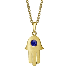 Yaniv Fine Jewelry Unisex 18K Gold Hamsa Pendant With Blue Sapphire Stone (Choice of Color)