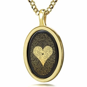 14K Gold and Onyx Necklace Micro-Inscribed with 24K Gold Heart and "I Love You" in 120 Languages