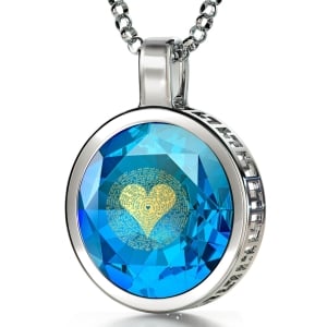 Sterling Silver and Large Cubic Zirconia Necklace Micro-Inscribed with 24K Gold Heart and "I Love You" in 120 Languages