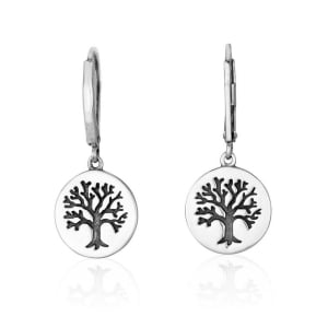 Sterling Silver Round Tree of Life Dangling Earrings