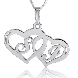 Silver Initial Pendant, Two Letters with Hearts