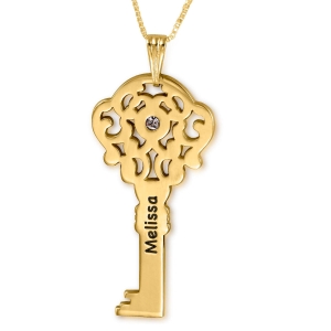 Key Name Necklace with Birthstone, 24k Gold Plated