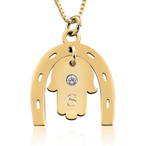 Double Thickness Birthstone Hamsa & Horseshoe Lucky Initial Necklace, Laser-Cut, 24k Gold Plated