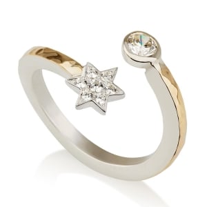 925 Sterling Silver & 9K Gold Shooting Star of David Ring with Zircon Stones