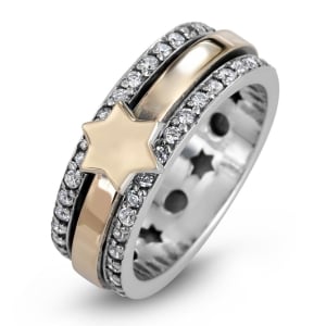 925 Sterling Silver & 9K Gold Star of David Spinning Ring with Crystals and Spinner