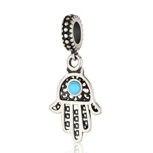 925 Sterling Silver Arabesque Hamsa Pendant Charm with Opal Stone – Rhodium Plated