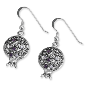 925 Sterling Silver Pomegranate Earrings With Filigree Design and Amethyst Stones