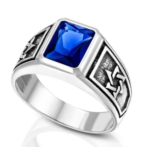 925 Sterling Silver Star of David Ring with Royal Blue Zircon Stone