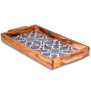 Blue and Red Flowers: Olive Wood & Armenian Ceramic Serving Tray
