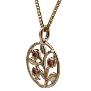 Gold Three Pomegranates Necklace with Ruby Gemstones