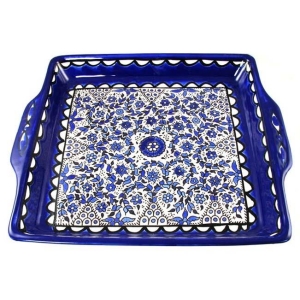  Serving Matzah Tray - Blue and White Floral Circles. Armenian Ceramic