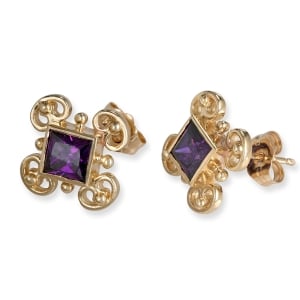 Rafael Jewelry Luxurious Handcrafted 14K Yellow Gold Earrings With Amethyst Stones