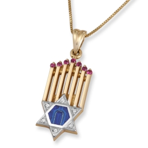 Anbinder Jewelry 14K Gold Menorah and Star of David Diamond Pendant with Ruby Stones