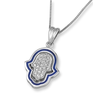 Anbinder Jewelry 14K White Gold Diamond Hamsa Pendant with Blue Enamel Border