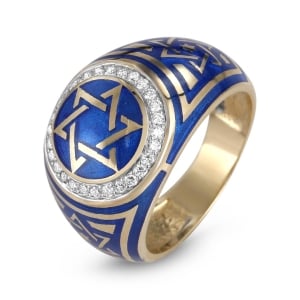 Anbinder Jewelry 14K Yellow Gold Blue Enamel Star of David & Diamond Halo Ring 