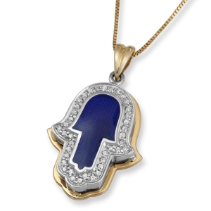 Anbinder Jewelry 14K Gold Hamsa Diamond Pendant with Blue Enamel