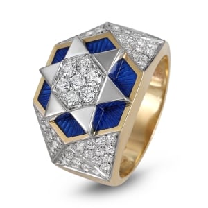 14K Yellow & White Gold Star of David Diamond Ring with Blue Enamel 