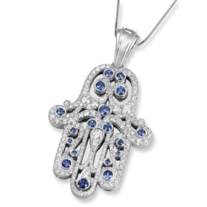 Anbinder Jewelry Extra Large 14K White Gold Intricate Diamond Hamsa Pendant with Sapphire Stones