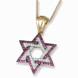 Anbinder Jewelry Two-Toned 14K Gold Star of David Pendant With White Diamonds and Ruby Stones