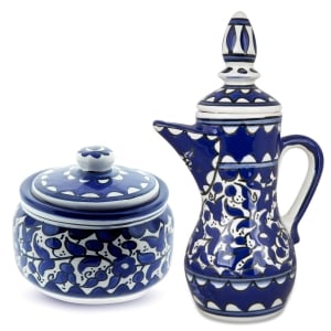 Armenian Ceramics Tall Coffee Pot and Sugar Bowl - Blue Flowers
