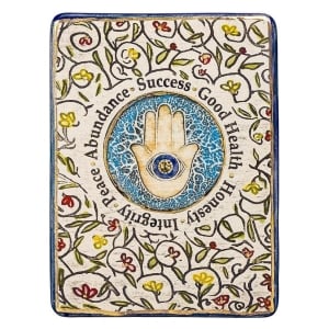 Art in Clay Limited Edition Handmade Floral Ceramic Hamsa and Blessings Plaque Wall Hanging with 24K Gold Border