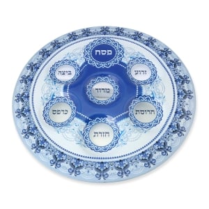 Large Glass Passover Seder Plate With Blue Floral Design - Hebrew