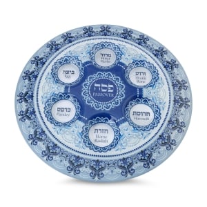 Glass Passover Seder Plate With Blue Floral Design - Hebrew & English