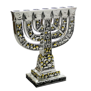 Jerusalem and Star of David Silver-Plated Menorah with Golden Highlights 