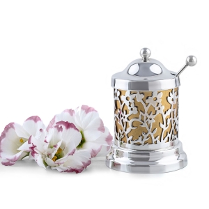 Bier Judaica 925 Sterling Silver Floral Honey Dish with Golden Background