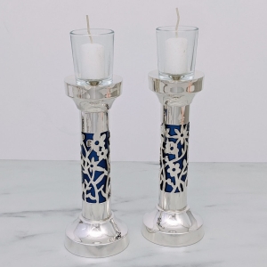 Bier Judaica 925 Sterling Silver Handcrafted Candlesticks With Floral Motif (Variety of Colors)