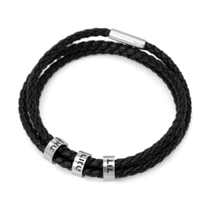 Black Leather Hebrew Name Bracelet for Dads - Up To 5 Names