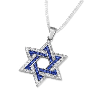 925 Sterling Silver Interlocked Star of David Pendant With Blue and White Crystal Stones