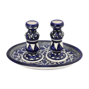 Armenian Ceramics Shabbat Candlesticks Set With Floral Design - Blue