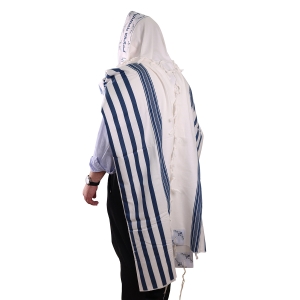 100% Cotton Non-Slip Tallit Prayer Shawl with Navy Blue Stripes