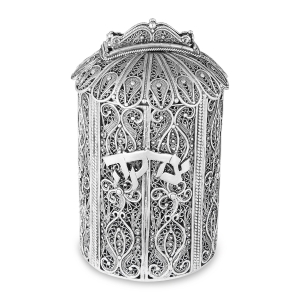 Traditional Yemenite Art Handcrafted Sterling Silver Cylindrical Tzedakah Box With Filigree Design