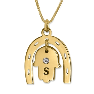 Double Thickness Birthstone Hamsa & Horseshoe Lucky Initial Necklace, 24K Gold Plated 