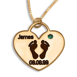 Double Thickness Gold Plated Baby's Footprints Mom Necklace with Name, Birthday and Birthstone