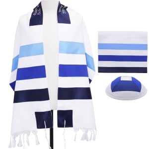 Super Acrylic Shabbat Tallit - Blue Stripes - With Kippah and Bag
