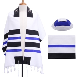 Super Acrylic Shabbat Tallit - Black and Blue Stripes - With Kippah and Bag