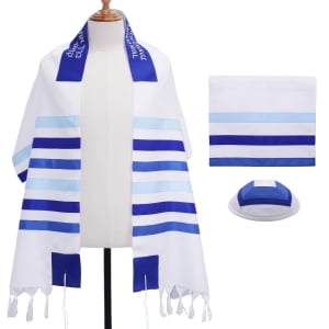 Super Acrylic Shabbat Tallit - Light and Royal Blue Multi-Stripes - With Kippah and Bag