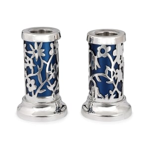 Bier Judaica Chic Handcrafted Sterling Silver Shabbat Candlesticks With Floral Cut-Out Design (Blue)