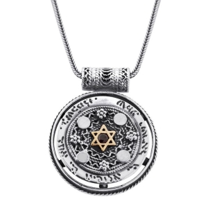 Shema Israel: Ornate Multi-Frame Silver Necklace with Gold Star of David & Garnet