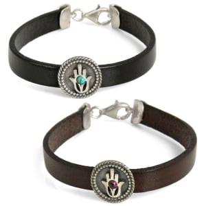 Sterling Silver and Leather Unisex Hamsa Bracelet with Gemstone (2 Color Options)