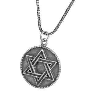 Blackened Sterling Silver Star of David Disk Pendant with Names of God