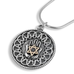 Star of David with Hamsa Sterling Silver and Gold Filigree Necklace 