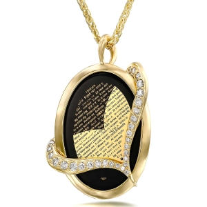 14K Gold and Onyx Necklace Micro-Inscribed in 24K Gold With "I Love You" in 60 Languages and With Diamond-Accented Heart